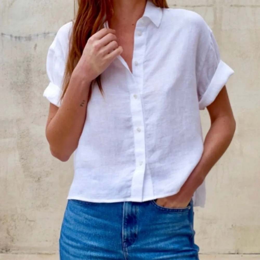 Ayr The Book Club Short Sleeve 100% Linen Shirt Womens Xl White Boxy Button Down